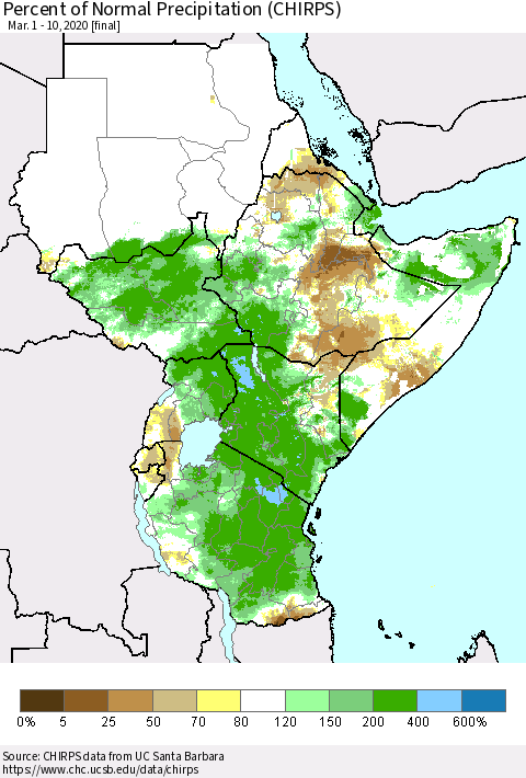Eastern Africa Percent of Normal Precipitation (CHIRPS) Thematic Map For 3/1/2020 - 3/10/2020