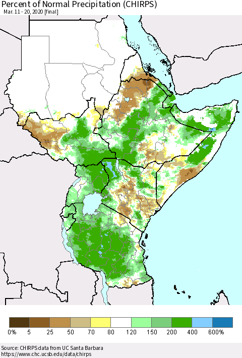 Eastern Africa Percent of Normal Precipitation (CHIRPS) Thematic Map For 3/11/2020 - 3/20/2020
