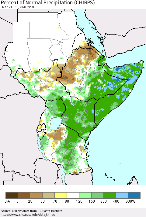 Eastern Africa Percent of Normal Precipitation (CHIRPS) Thematic Map For 3/21/2020 - 3/31/2020