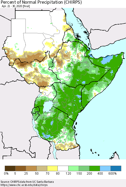 Eastern Africa Percent of Normal Precipitation (CHIRPS) Thematic Map For 4/21/2020 - 4/30/2020