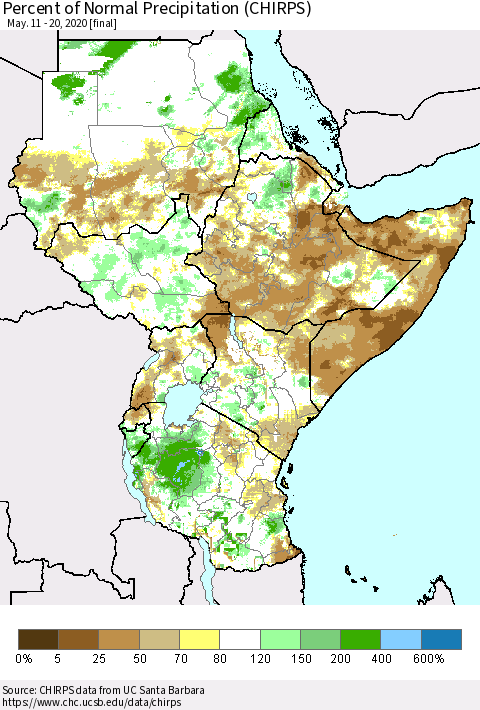 Eastern Africa Percent of Normal Precipitation (CHIRPS) Thematic Map For 5/11/2020 - 5/20/2020