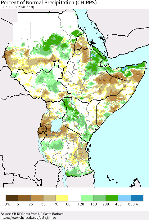 Eastern Africa Percent of Normal Precipitation (CHIRPS) Thematic Map For 6/1/2020 - 6/10/2020