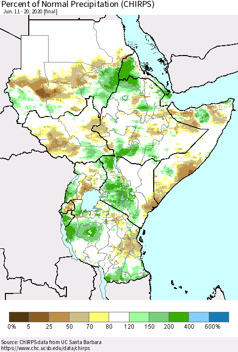 Eastern Africa Percent of Normal Precipitation (CHIRPS) Thematic Map For 6/11/2020 - 6/20/2020