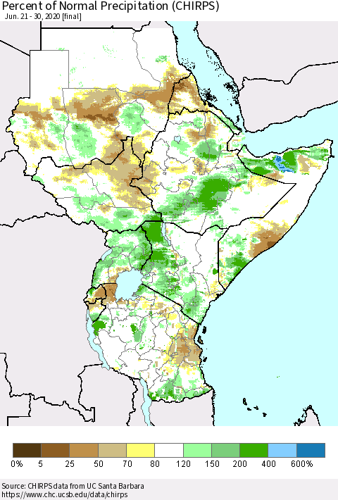 Eastern Africa Percent of Normal Precipitation (CHIRPS) Thematic Map For 6/21/2020 - 6/30/2020