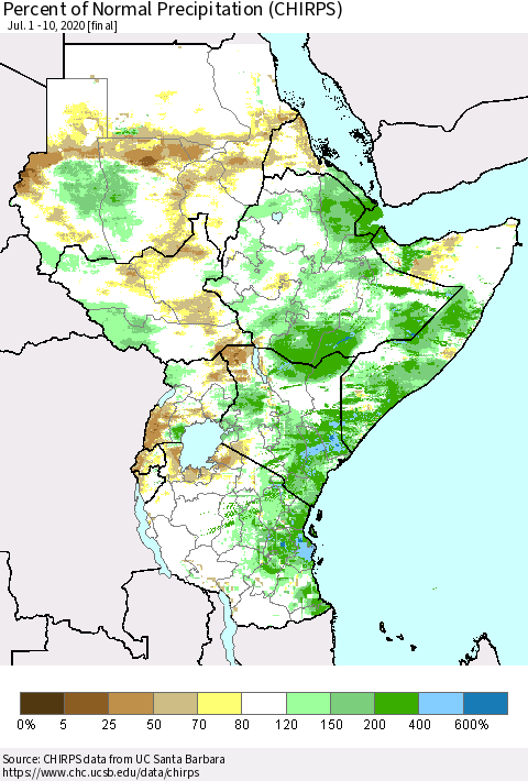 Eastern Africa Percent of Normal Precipitation (CHIRPS) Thematic Map For 7/1/2020 - 7/10/2020
