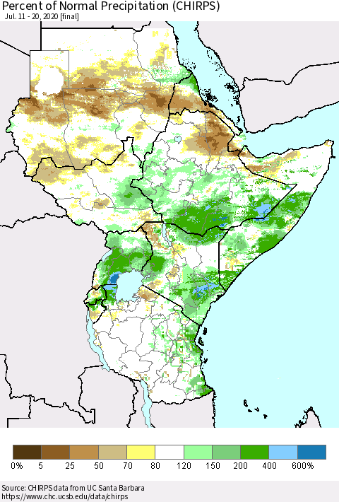 Eastern Africa Percent of Normal Precipitation (CHIRPS) Thematic Map For 7/11/2020 - 7/20/2020