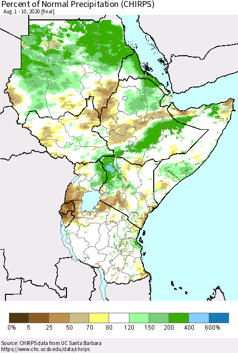 Eastern Africa Percent of Normal Precipitation (CHIRPS) Thematic Map For 8/1/2020 - 8/10/2020