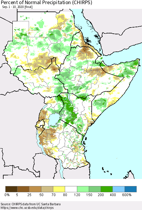 Eastern Africa Percent of Normal Precipitation (CHIRPS) Thematic Map For 9/1/2020 - 9/10/2020