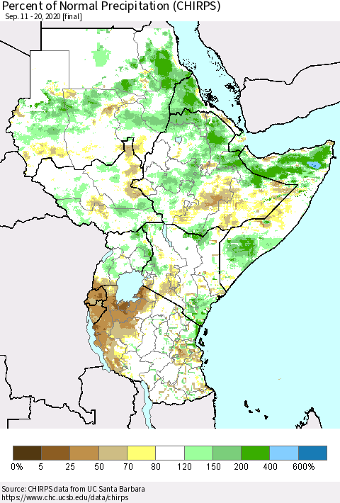 Eastern Africa Percent of Normal Precipitation (CHIRPS) Thematic Map For 9/11/2020 - 9/20/2020