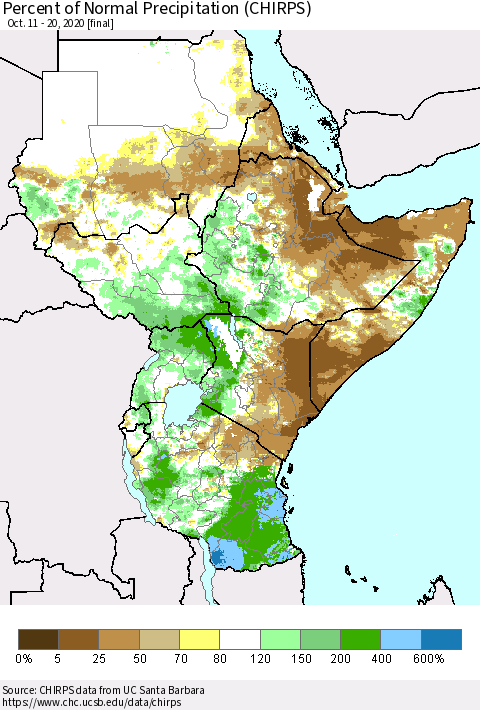 Eastern Africa Percent of Normal Precipitation (CHIRPS) Thematic Map For 10/11/2020 - 10/20/2020