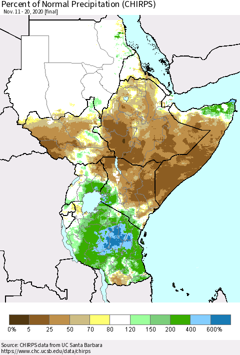 Eastern Africa Percent of Normal Precipitation (CHIRPS) Thematic Map For 11/11/2020 - 11/20/2020