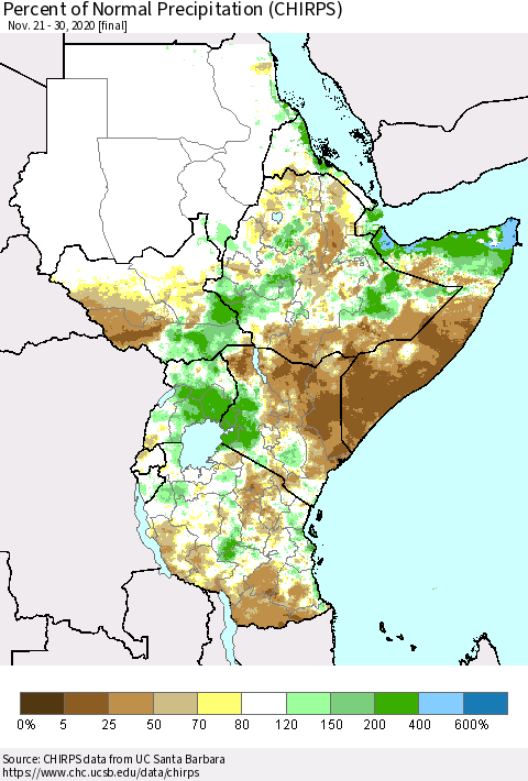 Eastern Africa Percent of Normal Precipitation (CHIRPS) Thematic Map For 11/21/2020 - 11/30/2020