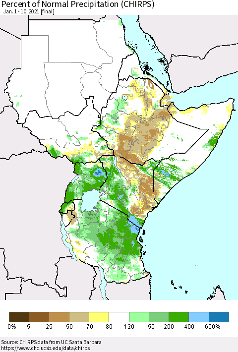 Eastern Africa Percent of Normal Precipitation (CHIRPS) Thematic Map For 1/1/2021 - 1/10/2021
