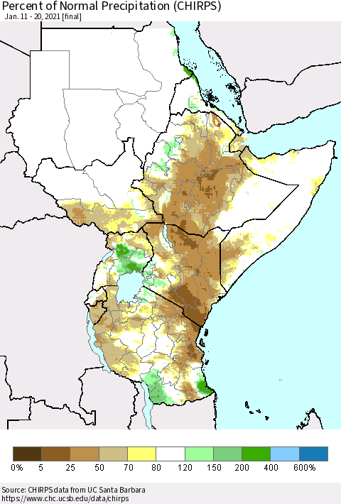 Eastern Africa Percent of Normal Precipitation (CHIRPS) Thematic Map For 1/11/2021 - 1/20/2021
