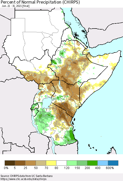 Eastern Africa Percent of Normal Precipitation (CHIRPS) Thematic Map For 1/21/2021 - 1/31/2021