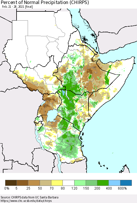 Eastern Africa Percent of Normal Precipitation (CHIRPS) Thematic Map For 2/21/2021 - 2/28/2021