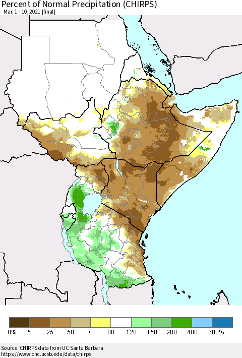 Eastern Africa Percent of Normal Precipitation (CHIRPS) Thematic Map For 3/1/2021 - 3/10/2021