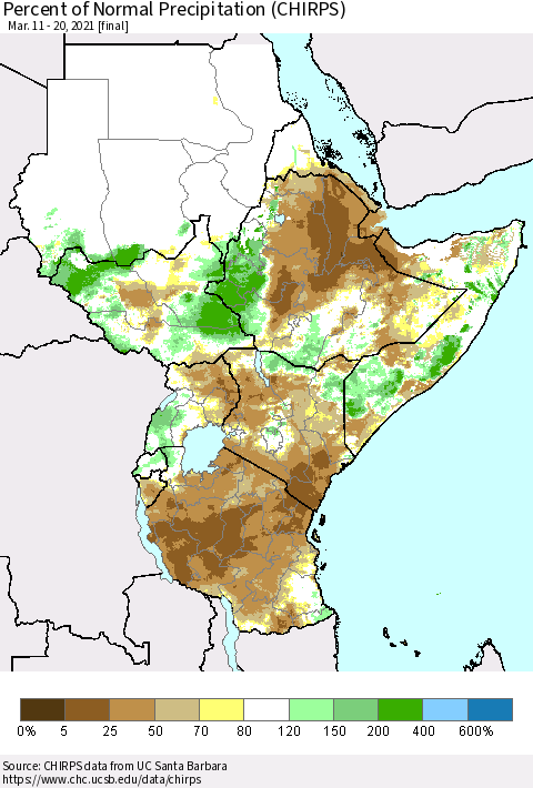 Eastern Africa Percent of Normal Precipitation (CHIRPS) Thematic Map For 3/11/2021 - 3/20/2021