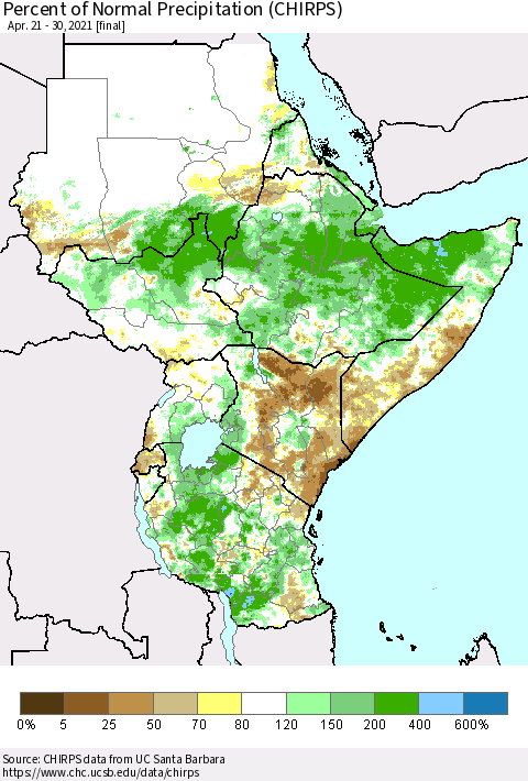 Eastern Africa Percent of Normal Precipitation (CHIRPS) Thematic Map For 4/21/2021 - 4/30/2021