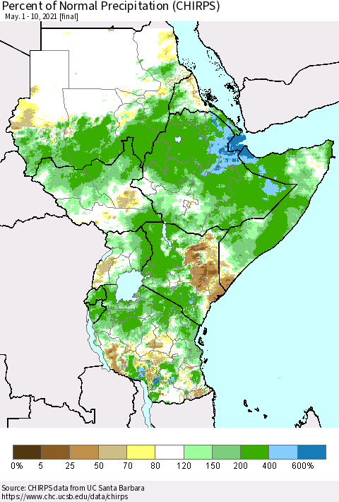 Eastern Africa Percent of Normal Precipitation (CHIRPS) Thematic Map For 5/1/2021 - 5/10/2021
