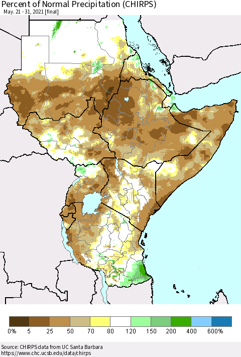 Eastern Africa Percent of Normal Precipitation (CHIRPS) Thematic Map For 5/21/2021 - 5/31/2021