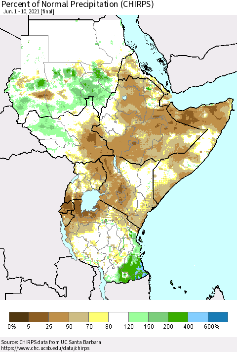 Eastern Africa Percent of Normal Precipitation (CHIRPS) Thematic Map For 6/1/2021 - 6/10/2021