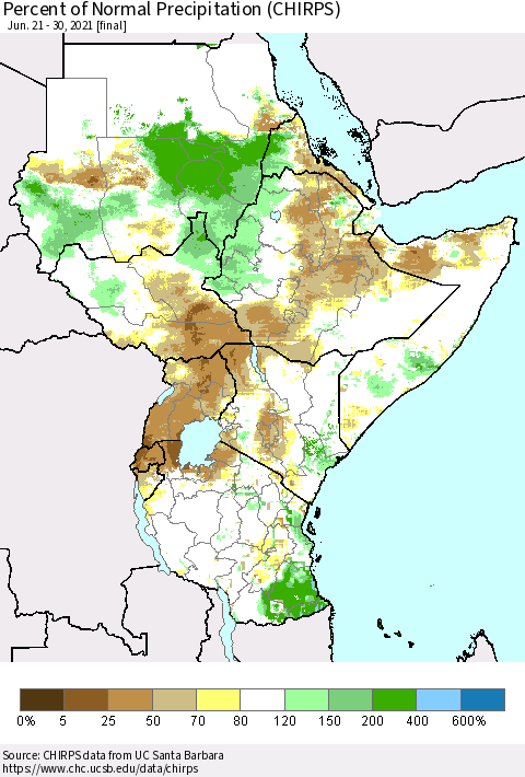 Eastern Africa Percent of Normal Precipitation (CHIRPS) Thematic Map For 6/21/2021 - 6/30/2021