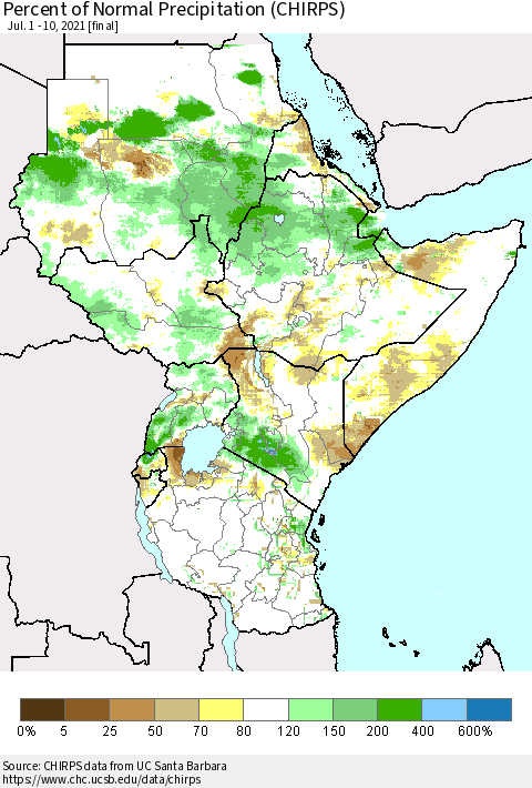 Eastern Africa Percent of Normal Precipitation (CHIRPS) Thematic Map For 7/1/2021 - 7/10/2021