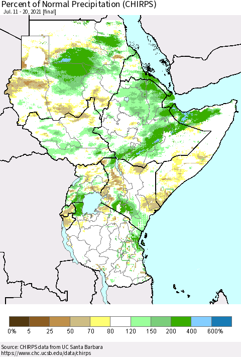 Eastern Africa Percent of Normal Precipitation (CHIRPS) Thematic Map For 7/11/2021 - 7/20/2021