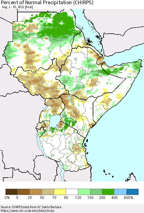 Eastern Africa Percent of Normal Precipitation (CHIRPS) Thematic Map For 8/1/2021 - 8/10/2021