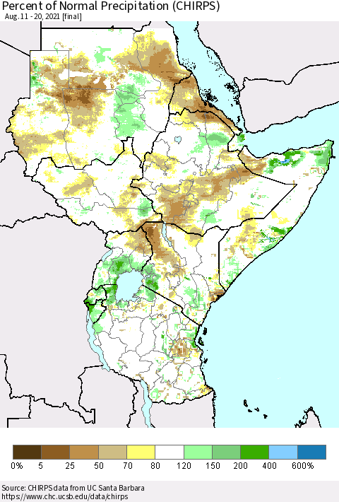 Eastern Africa Percent of Normal Precipitation (CHIRPS) Thematic Map For 8/11/2021 - 8/20/2021