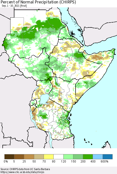 Eastern Africa Percent of Normal Precipitation (CHIRPS) Thematic Map For 9/1/2021 - 9/10/2021