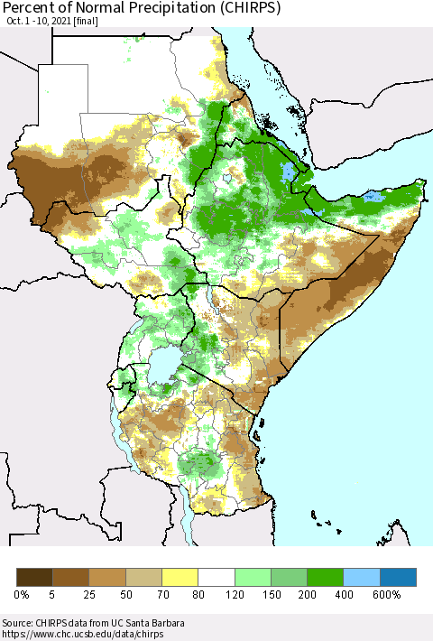 Eastern Africa Percent of Normal Precipitation (CHIRPS) Thematic Map For 10/1/2021 - 10/10/2021