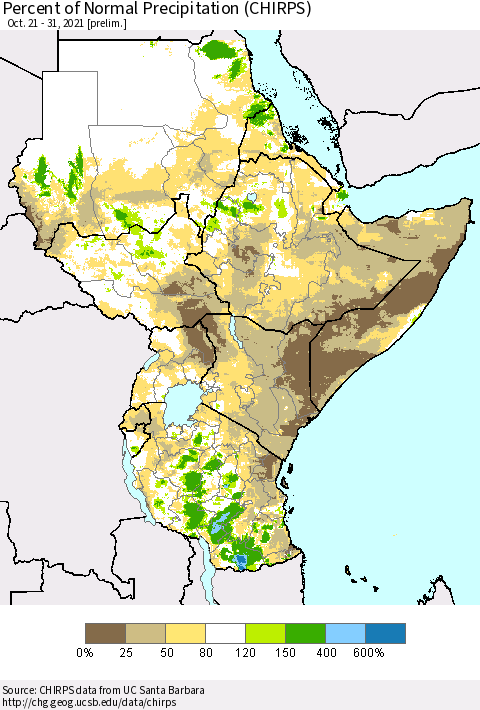 Eastern Africa Percent of Normal Precipitation (CHIRPS) Thematic Map For 10/21/2021 - 10/31/2021