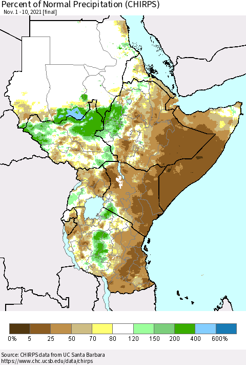 Eastern Africa Percent of Normal Precipitation (CHIRPS) Thematic Map For 11/1/2021 - 11/10/2021