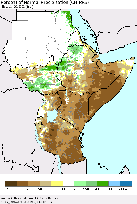 Eastern Africa Percent of Normal Precipitation (CHIRPS) Thematic Map For 11/11/2021 - 11/20/2021