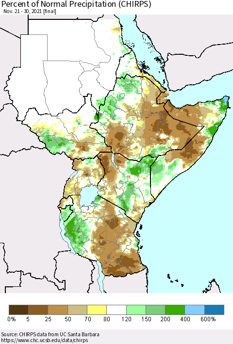 Eastern Africa Percent of Normal Precipitation (CHIRPS) Thematic Map For 11/21/2021 - 11/30/2021