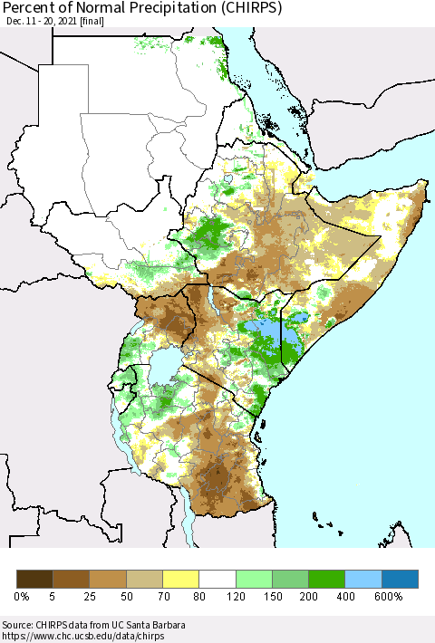 Eastern Africa Percent of Normal Precipitation (CHIRPS) Thematic Map For 12/11/2021 - 12/20/2021