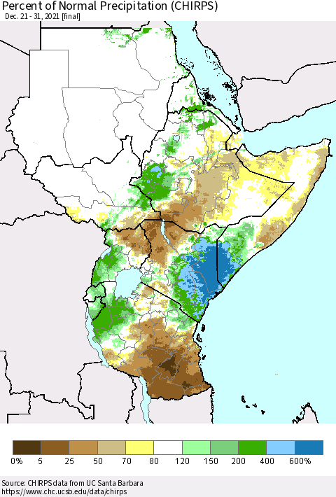 Eastern Africa Percent of Normal Precipitation (CHIRPS) Thematic Map For 12/21/2021 - 12/31/2021