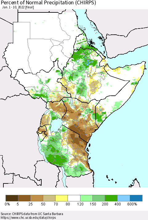 Eastern Africa Percent of Normal Precipitation (CHIRPS) Thematic Map For 1/1/2022 - 1/10/2022