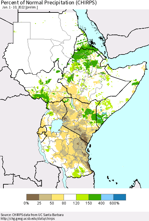 Eastern Africa Percent of Normal Precipitation (CHIRPS) Thematic Map For 1/1/2022 - 1/10/2022