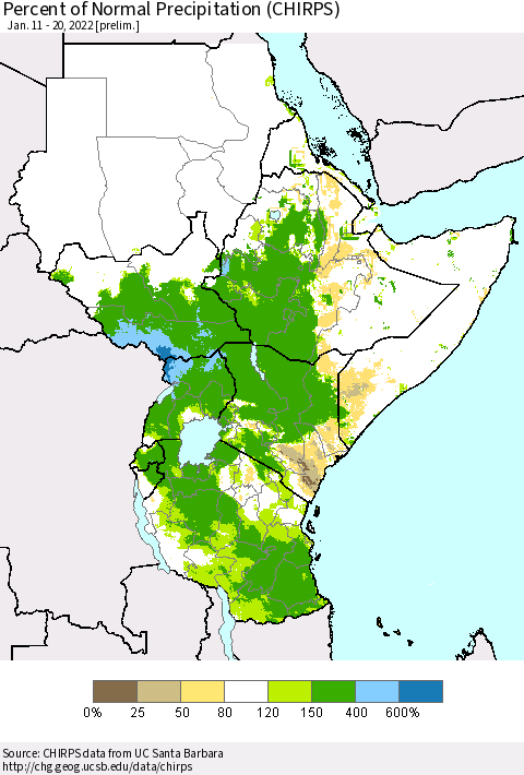 Eastern Africa Percent of Normal Precipitation (CHIRPS) Thematic Map For 1/11/2022 - 1/20/2022