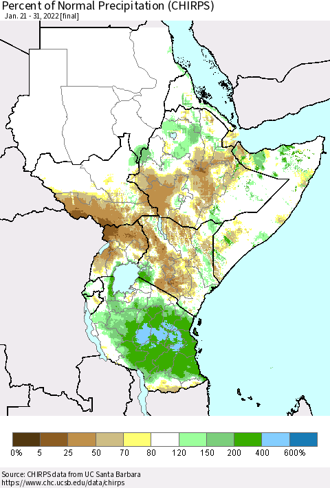 Eastern Africa Percent of Normal Precipitation (CHIRPS) Thematic Map For 1/21/2022 - 1/31/2022