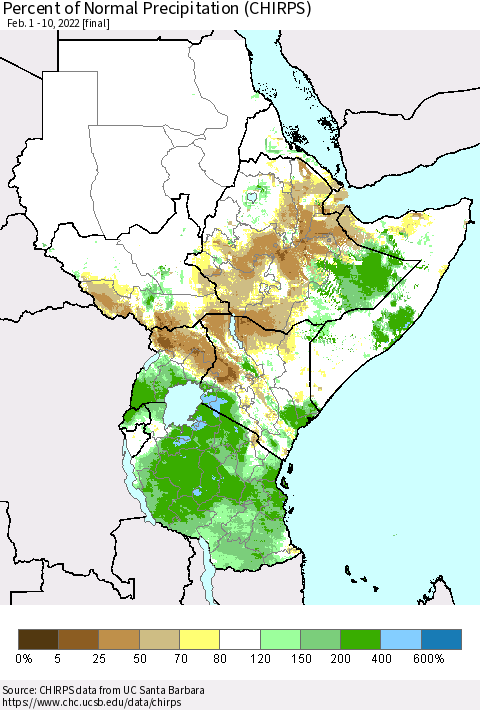Eastern Africa Percent of Normal Precipitation (CHIRPS) Thematic Map For 2/1/2022 - 2/10/2022