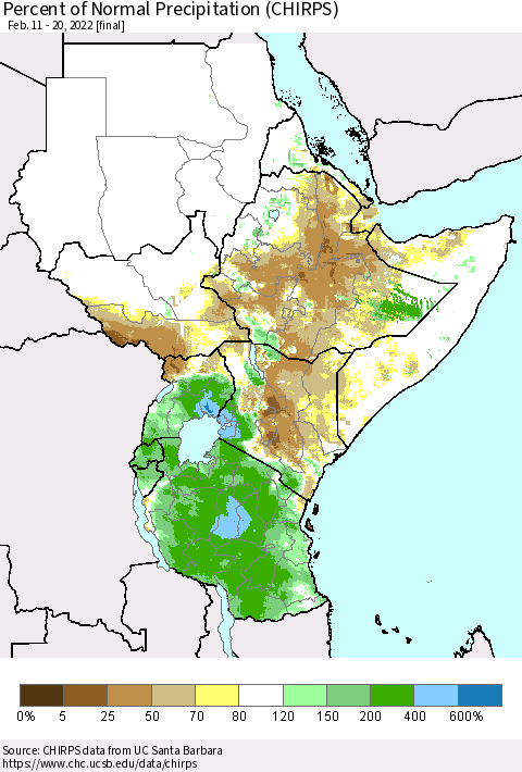 Eastern Africa Percent of Normal Precipitation (CHIRPS) Thematic Map For 2/11/2022 - 2/20/2022