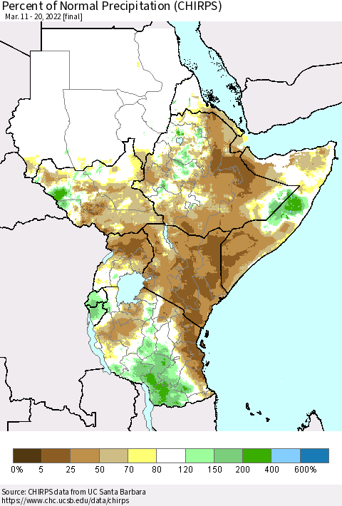 Eastern Africa Percent of Normal Precipitation (CHIRPS) Thematic Map For 3/11/2022 - 3/20/2022