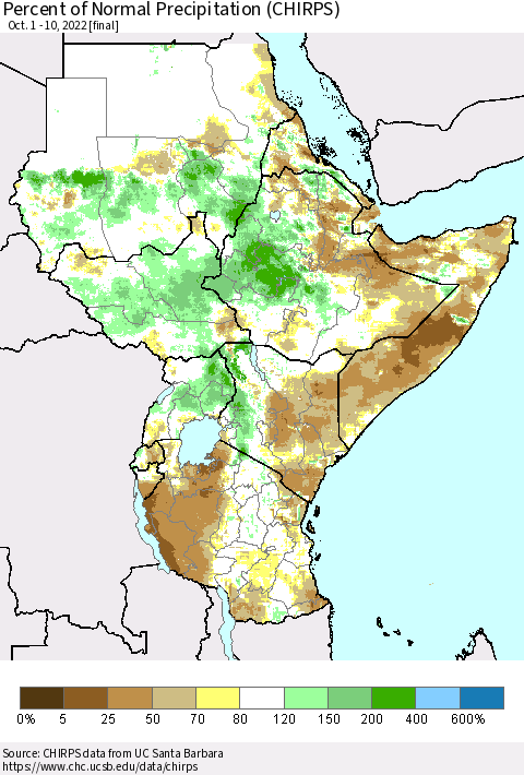 Eastern Africa Percent of Normal Precipitation (CHIRPS) Thematic Map For 10/1/2022 - 10/10/2022