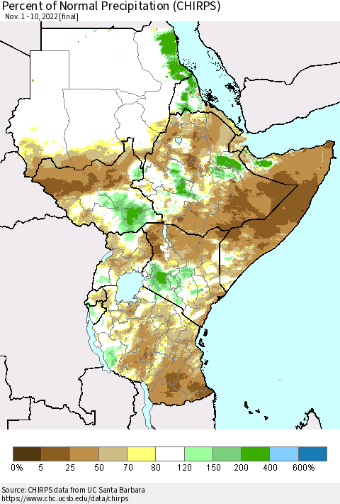 Eastern Africa Percent of Normal Precipitation (CHIRPS) Thematic Map For 11/1/2022 - 11/10/2022