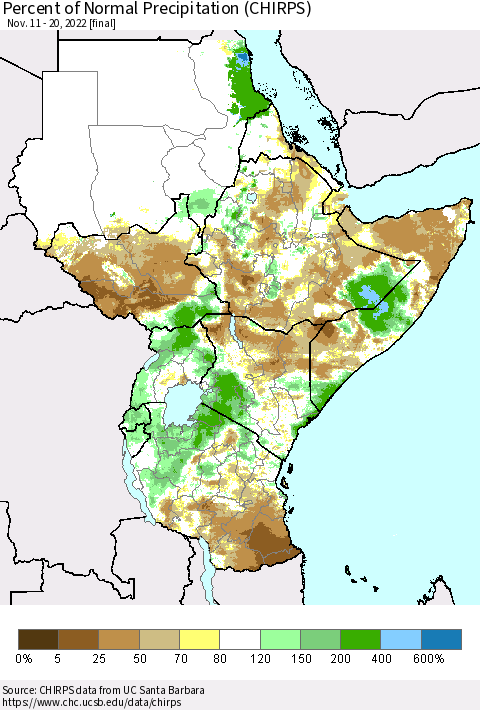 Eastern Africa Percent of Normal Precipitation (CHIRPS) Thematic Map For 11/11/2022 - 11/20/2022
