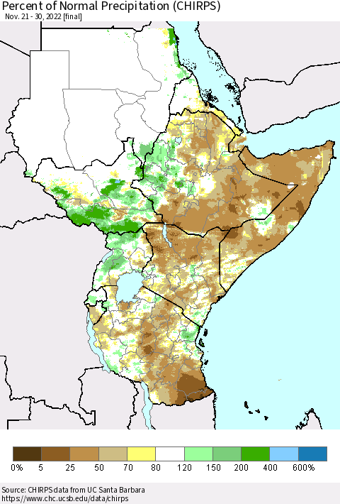Eastern Africa Percent of Normal Precipitation (CHIRPS) Thematic Map For 11/21/2022 - 11/30/2022